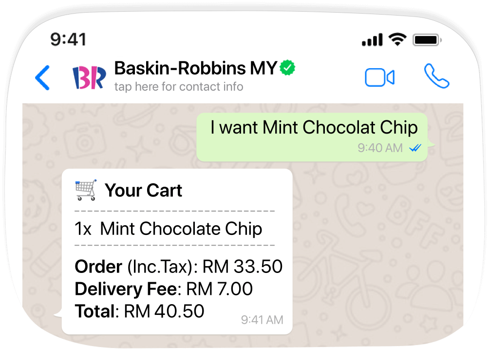 WhatsApp order chat with cart summary